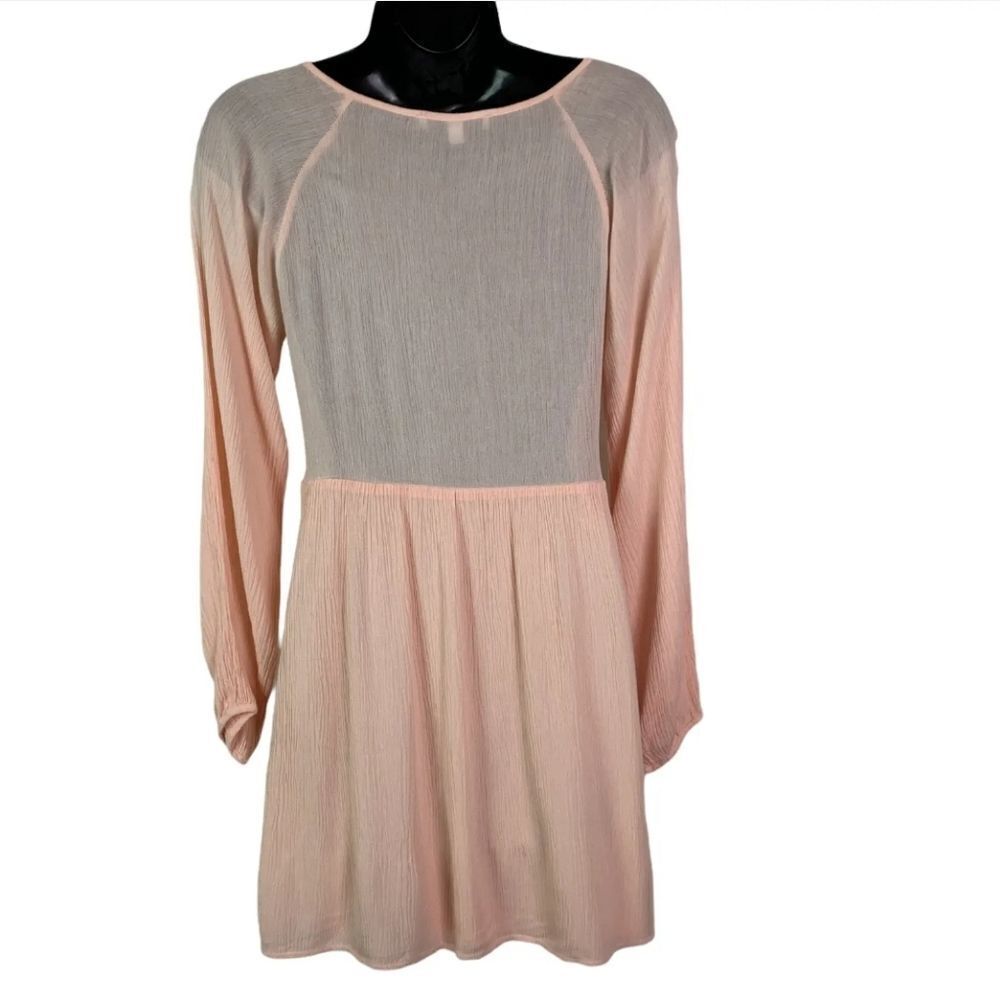 𝅺PURPLE Snow Boho Tunic Top Pale Pink Gauze Crochet Long Sleeves Size: L - Picture 2 of 9